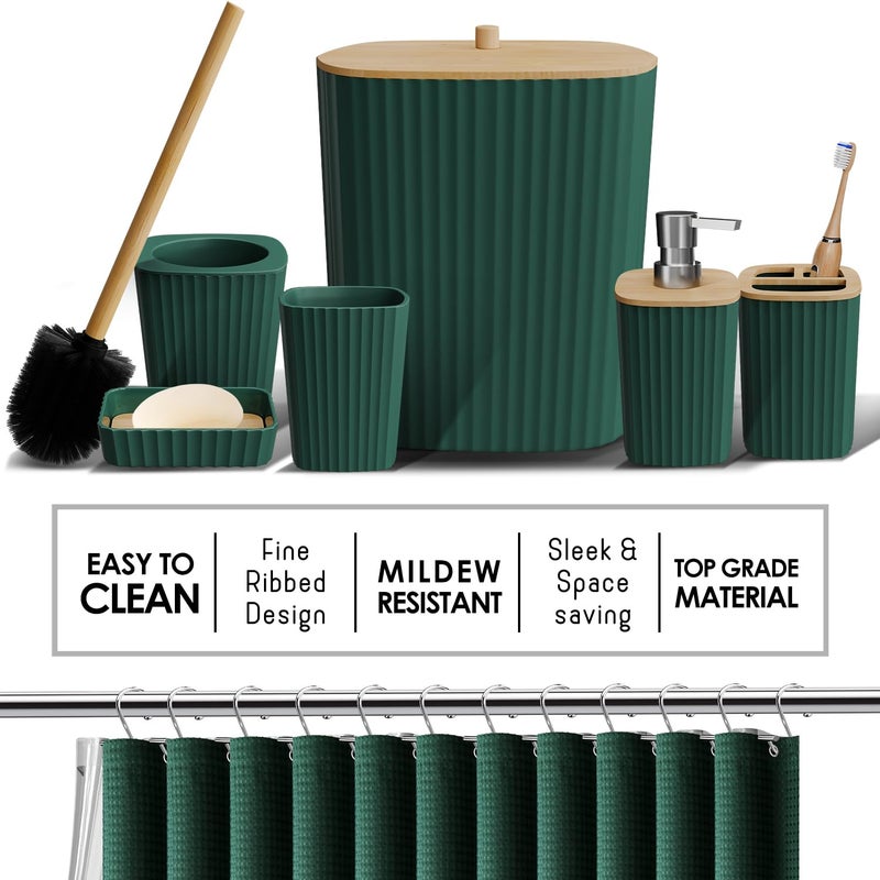 Clara Clark Bathroom Accessories Set - Green Bathroom Set  20PC Bathroom Accessory Set  Shower Curtain Set  Toilet Brush  Trash Can & Soap Dispenser - Image 3